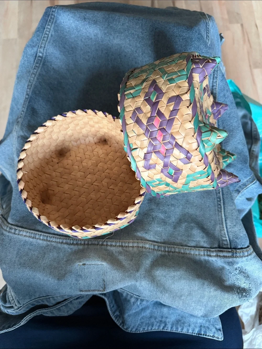 Handwoven Decorative Basket - Teal, Purple, Natural - Unbranded